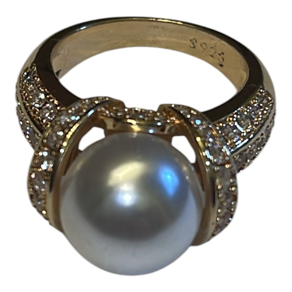 Sterling Silver Pearl & Crystal Statement Cocktail Ring 💍✨ - Picture 7 of 8